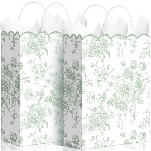 Kolldenn 24 Pcs Green Floral Gift Bags with Handles, 10x5x13 in by Unknown