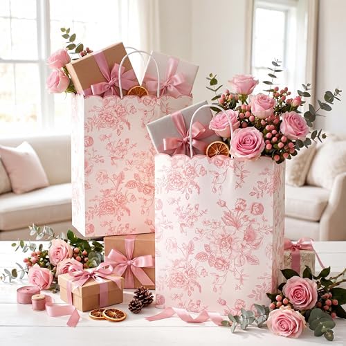 Kolldenn 24 Pcs Pink Floral Gift Bags with Handles - Image 3