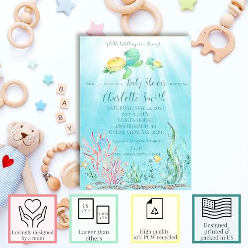 Amanda Creation Custom Baby Shower Invites Watercolor Turtle Baby Shower Invitations 30 Pack 5x7 Personalized Sea Turtle Watercolor Invites With Thirty Envelopes - Image 2