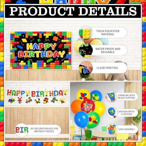198Pcs Building Block Birthday Party Decorations with Plates, Napkins,Cups,Banner,Backdrop,Tablecloth, Balloons,Cake Toppers,Honeycombs for Boys Kids Birthday Party Supplies Serve 24 Guests - Image 4