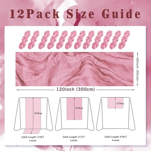 12 Pack Dusty Rose 10FT Cheesecloth Table Runner 20 x 120 Inch Long Rustic Gauze Fabric Cheese Cloth Table Runner for Wedding Bridal Baby Shower Table Decorations Boho Sheer Birthday Party Table Decor - Image 2