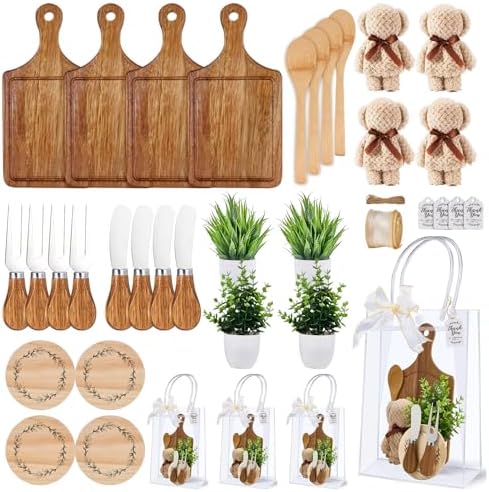 38Pcs Baby Shower Prizes for Game Winners Acacia Cheese Board Fork Butter Spreaders Coasters Towel Artificial Potted Plant Gift Bag for Baby Shower Bridal Shower Favors (4 Sets, Acacia Square Shaped) by WishFond