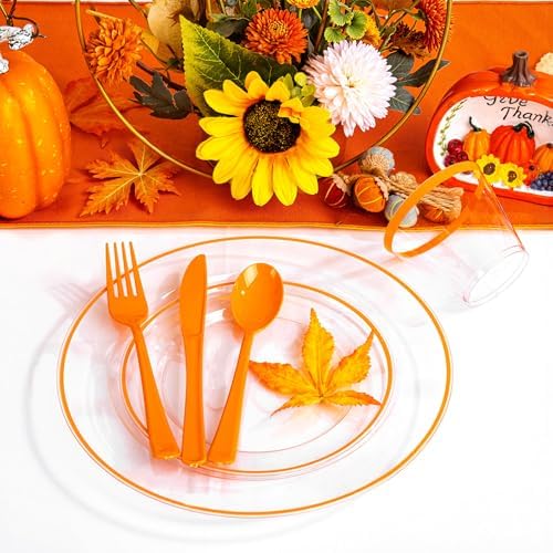 SUT 175Pcs Orange and Clear Plastic Dinnerware Set for 25 Guests, Include: 25 Dinner Plate, 25 Dessert Plates, 25 Pre Rolled Napkins With Silverware, 25 Cups, Disposable Plates for Party - Image 5