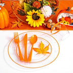 SUT 350Pcs Orange and Clear Plastic Dinnerware Set for 50 Guests, Include: 50 Dinner Plate, 50 Dessert Plates, 50 Pre Rolled Napkins With Silverware, 50 Cups, Disposable Plates for Party - Image 4