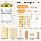 BGraceyy 126 Pcs 1.5 oz Mini Round Glass Honey Jars with Dippers, Gold Lids, Bee Stickers, Bee Charms, Gift Bags & Jute– Empty Small Honey Jars for Party Favors Bulk, Ideal for Baby Showers ＆ Weddings - Image 3