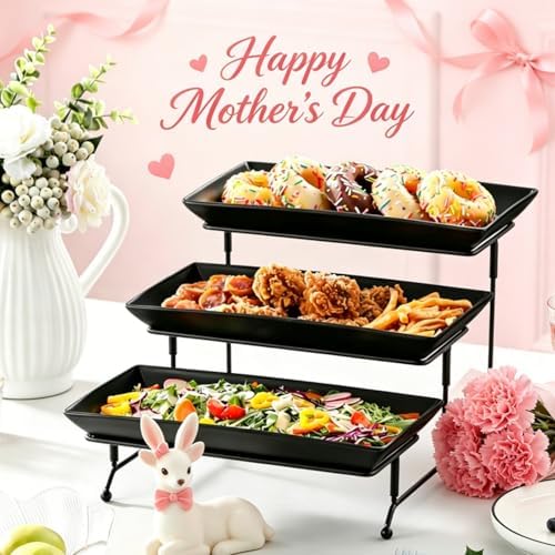 MALACASA 3 Tier Serving Tray, Porcelain Tiered Serving Trays Platters, 12 Inch Serving Stand with Platters,Black Dessert Stand with Collapsible Sturdier Metal Rack,Series PLAT - Image 5