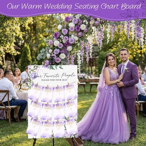 Pinkunn Purple Floral Wedding Seating Chart with Easel Display Stand 15.8 x 23.6 Inch Rustic Wooden Seating Chart Board Please Find Your Seat Sign for Engagement Baby & Bride Shower Wedding Sign Decor - Image 2