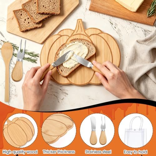 50 Pcs Fall Baby Shower Prizes for Game Winners 6 Sets Pumpkin Bamboo Cheese Board Spoon Fork Butter Spreaders Towel Thank You Card and Gift Bags for Thanksgiving Baby Shower Favors - Image 4