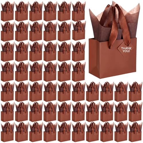 Qilery 50 Pcs Wedding Paper Gift Bags Bulk with Tissue Paper Small Gift Bags with Handle and Tags for Birthday Wedding 4th of July Party Business(Dark Brown,4.7 x 2.4 x 3.9'') by Qilery