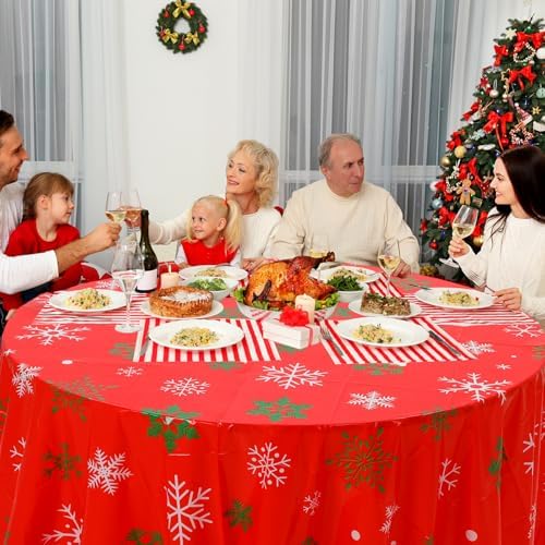 Ganeen 12 Pcs Round Snowflake Tablecloth 84 Inch Red Plastic Party Cover - Image 6