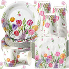 Hsei 250 Pcs Tulip Floral Disposable Paper Plates Napkins Cups Set by Hsei