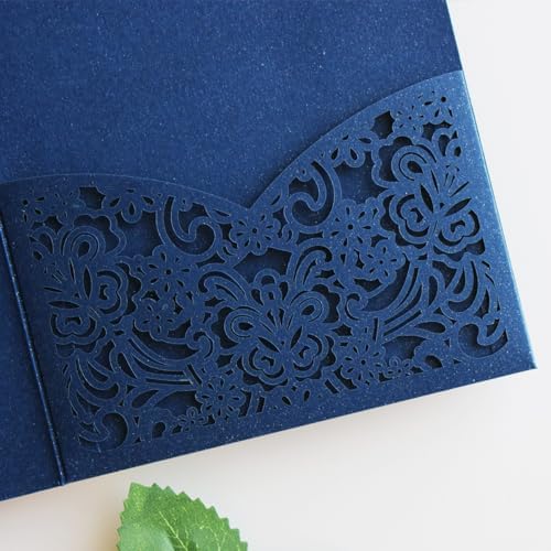 Hosmsua 50PCS Navy Blue Laser Cut Wedding Invitation Pocket, 5.12 x 7.2 Flora Invitation Pockets with Envelopes for Wedding Bridal Shower Sweet 16 Invite (No Inner Sheet) - Image 7