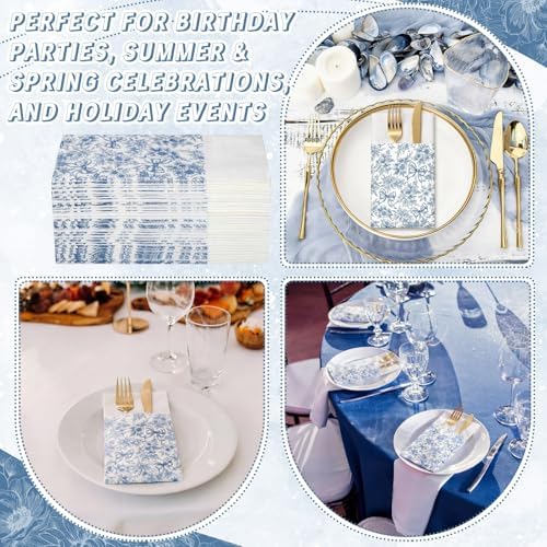 Potchen 100 Pcs Linen Feel Napkins Disposable, Something Blue Bow Flowers - Image 5
