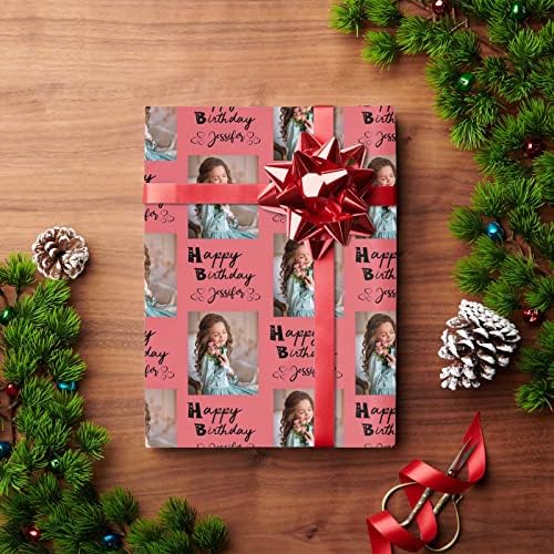 Custom Picture Wrapping Paper, Personalized Gift Wrap Paper with Funny Photo Happy Birthday with Name Photo Dark Pink Wrapping Paper Roll for Mom Dad Grandma Birthday Christmas Wedding 5 Rolls - Image 4