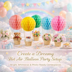 24 Pack Hot Air Balloon Table Centerpieces for Baby Shower, Rainbow Birthday, Bridal Shower, DIY Honeycomb Paper Lanterns with Woven Baskets for Dessert Table Decor - Image 2
