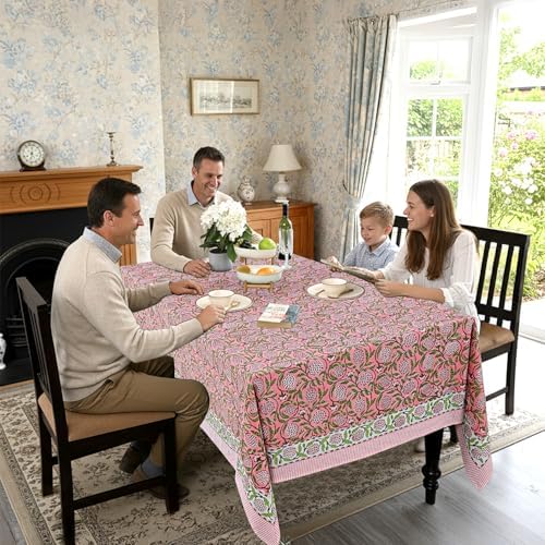 Ridhi Strawberry Pink Hand Block Print Cotton Tablecloth 160 x 72 Inch - Image 3