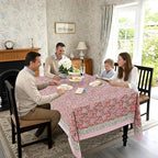 Ridhi Strawberry Pink Hand Block Print Cotton Tablecloth 108 x 70 Inch - Image 3