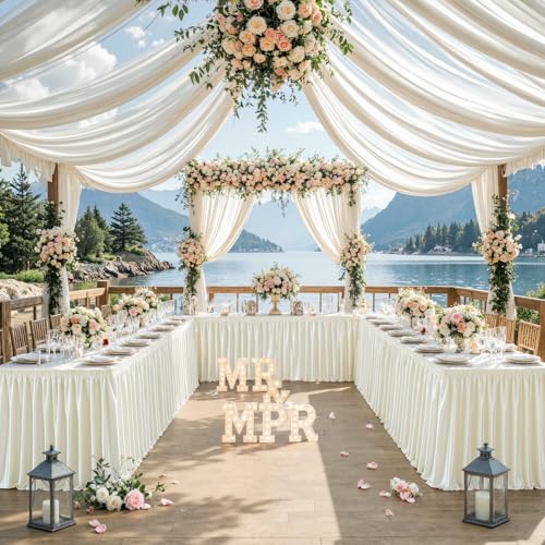 17ft Length Satin Ivory Table Skirt Rectangle Tables, Wrinkle Resistant Ruffle Table Skirting Glitter Teacher Desk Cover Skirt for Dorm Office Birthday Party Wedding Buffet Displays Trade Shows - Image 3