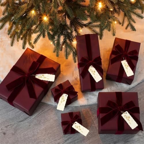 Burgundy Christmas Kraft Wrapping Paper 45 ft Velvet Ribbon 12 Gift Tags - Image 4