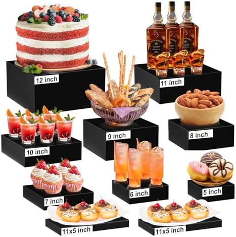 10 Pcs Large Acrylic Buffet Risers, Black Food Display Stands for Buffet, Dessert Table, Jewelry, and Catering, Stackable Food Risers with Hollow Bottoms, Nesting Cube Box (12"-11"-10"-9"-8"-7"-6"-5") by LifeIdeas