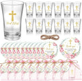 Funnymoom 50 Sets God Bless Flower Religious Party Supplies Baptism Cross Acrylic Clear Shot Glasses Pink Floral Thank You Tags with Organza Bags for Christening Celebration Baby Shower by Funnymoom
