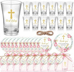 Funnymoom 50 Sets God Bless Flower Religious Party Supplies Baptism Cross Acrylic Clear Shot Glasses Pink Floral Thank You Tags with Organza Bags for Christening Celebration Baby Shower by Funnymoom