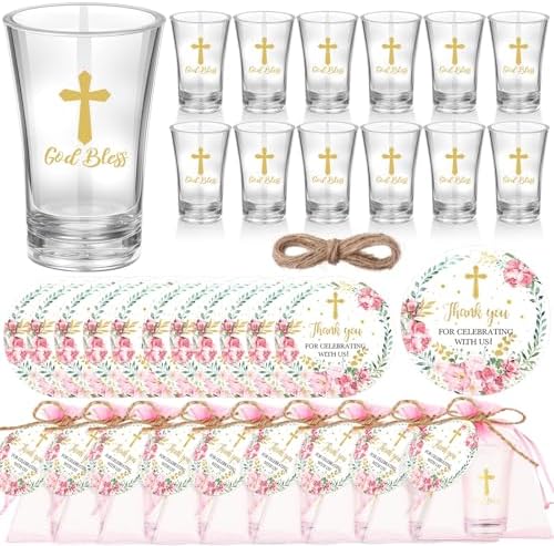 Funnymoom 50 Sets God Bless Flower Religious Party Supplies Baptism Cross Acrylic Clear Shot Glasses Pink Floral Thank You Tags with Organza Bags for Christening Celebration Baby Shower by Funnymoom