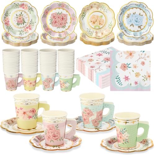 Yungyan 216 Pcs 72 Guest Tea Party Plates and Napkins Sets Floral Tea Party Supplies 6" Paper Plates, 9 oz Cups and Saucers Disposable Tableware Set for Birthday Wedding Bridal Shower Decorations by Yungyan