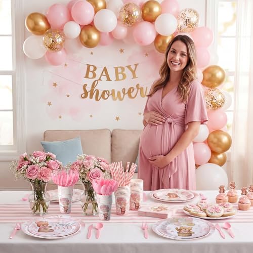 450 Pcs Tableware Set, Serve 50, Pink, Bear Baby Shower - Image 5
