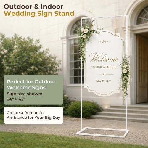 Wedding Welcome Sign Stand, 79" Extra-Tall Height - White Metal Sign Holder with 6 Leather Straps, Easel Stand for Seating Charts & Event Décor - Image 3