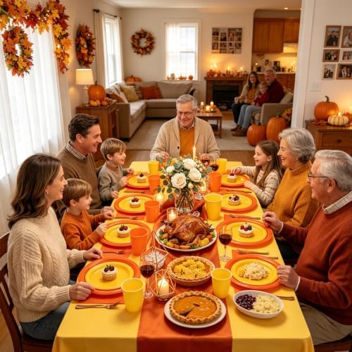 Yellow and Orange Plastic Party Plates Set for Fall Thanksgiving Serves 50 - Image 6