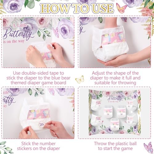Ctosree 31 Pieces Butterfly Baby Shower Diaper Game 1 Diaper Baby Shower Game Board 7 Diapers 10 Plastic Balls 1 Organza Bag for Bridal Games Boy Girl - Image 5