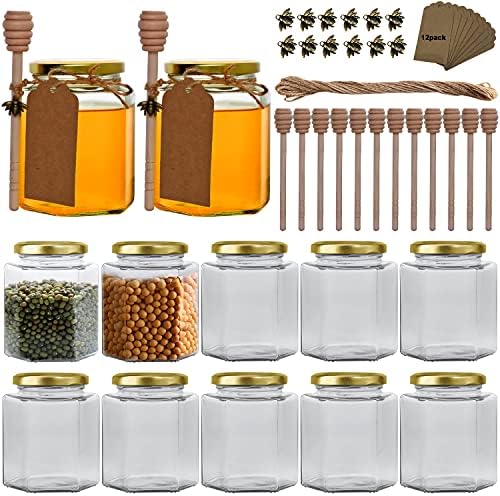 12 Pack 16 oz Hexagon Honey Jars with Dippers by Woaiwo-q