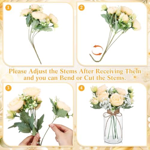 Zeyune 6 Sets Mason Jar Table Centerpiece with Artificial Peony Baby's Breath Flower Centerpieces Faux Flowers with Rope for Wedding Reception Engagement Bridal Shower Rustic Table Decor(Champagne) - Image 2