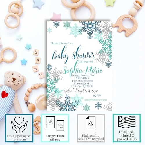 Amanda Creation Custom Baby Shower Invites Boy Snowflake Baby Shower Invitation 20 5x7 Custom Personalized Winter Invites With Envelopes - Image 2