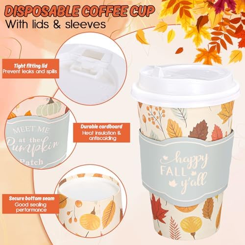 Whaline 50 Pcs Fall Disposable Coffee Cups with Lids and Sleeves Maple Pumpkin Paper Drinking Cups for Autumn Thanksgiving Restaurant Travel Business Supplies, 2 Styles - Image 3