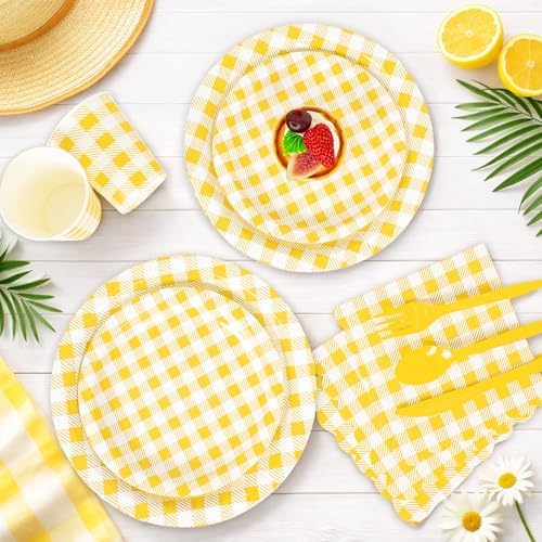 Vyntra 350-Pc Yellow Gingham Paper Plates and Napkins Party Supplies - Image 6