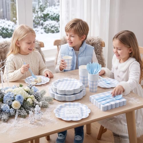 350 PCS Light Blue Gingham Disposable Dinnerware Set, Decagonal Paper Plates 7 & 9 Inch, Napkins, Cups & Cutlery, Checkered Party Supplies for Baby Shower Easter Picnic Wedding - Image 2