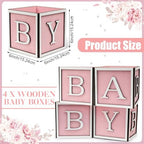 4 Set Baby Shower Centerpieces for Tables - 6 inch Wooden Boxes with Baby Letters Rustic Cube Planter Wood Blocks for Gender Reveal Party Favor (Pink) - Image 2