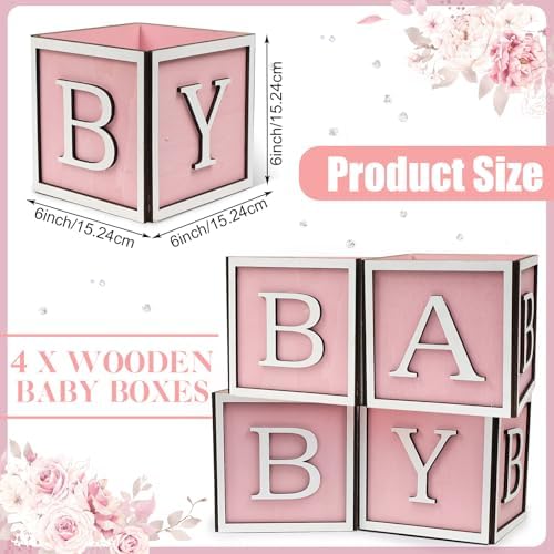 4 Set Baby Shower Centerpieces for Tables - 6 inch Wooden Boxes with Baby Letters Rustic Cube Planter Wood Blocks for Gender Reveal Party Favor (Pink) - Image 2