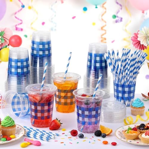 Sliner 50 Sets 16oz Royal Blue White Gingham Party Plastic Cups - Image 6