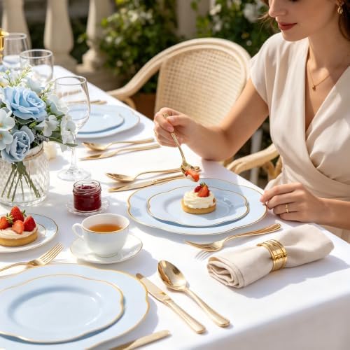 Liacere 50PCS Light Blue Plastic Plates - Heavy Duty Blue Disposable Plates - Blue and Gold Plastic Plates Include 25PCS Blue Dinner Plates, 25PCS Blue Dessert Plates for Party/Baby Shower/Wedding - Image 5