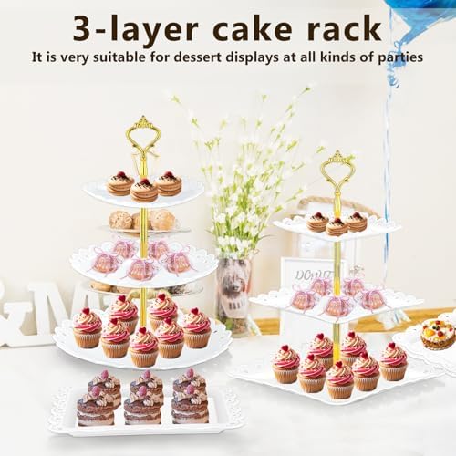 Lazycorner 10 Pcs Dessert Table Display Stands Set , with 6 Pcs 3-Tier Cupcake Stand & 4 Pcs Food Serving Tray - Cookie Tray Rack Serving Tray Cake Display Tower for Wedding Baby Shower Tea Party - Image 3