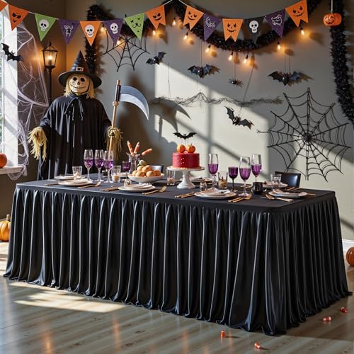 2 Pack 8ft Black Satin Tablecloths for Rectangle Tables Spandex Table Cover - Image 2