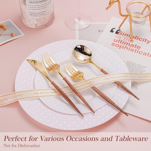 Lullaby 240PCS High End Gold Plastic Silverware with Wood Grain Handle - Image 4