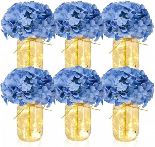6 Sets Hydrangea Mason Jar Centerpiece with LED Lights for Wedding by Tianxunewtig