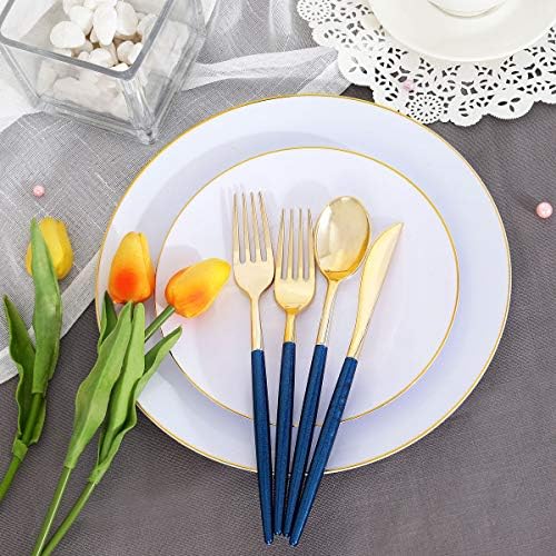 Supernal 180Pcs Gold and Blue Plastic Silverware Set for Wedding and Party - Image 4