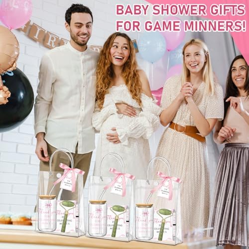 Reallnaive 6 Set Pink Bow Baby Shower Game Prizes for Player Winners Tumblers with Lids Straws Roller for Face Pens Spiral Notebooks Gift Bags for Baby Bridal Shower Wedding Game Favors - Image 6
