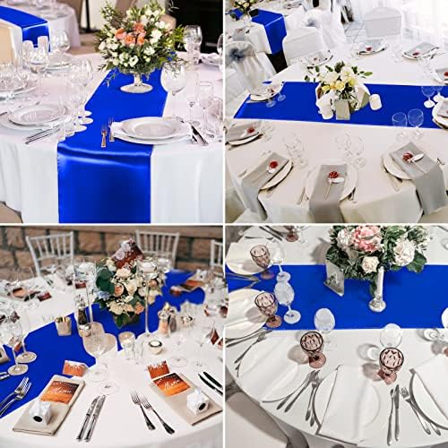Queekay 24 Pcs 84'' Round Plastic Tablecloth 12 x 108'' Satin Table Runners Set White Plastic Table Covers Round Waterproof Cloths for Wedding Party Decor Baby Shower Birthday(Royal Blue) - Image 5