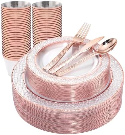 Ciaell 150PCS Rose Gold Plastic Plates – Disposable Plates with Rose Gold Plastic Silverware include 50Plates, 25Forks, 25Knives, 25Spoons, 25Cups for Wedding & Party by Ciaell